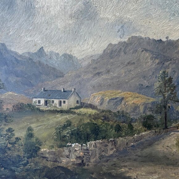 Antique Framed Landscape Oil Painting: Mountain Cottage Scene - Picture 3 of 5